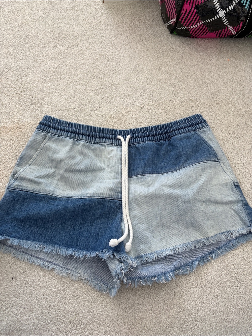 aerie Patchwork Two-Tone Blue Denim Shorts